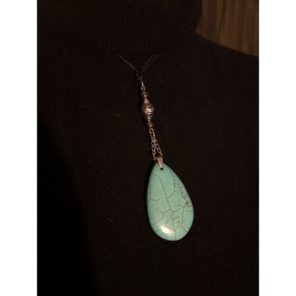 Teardrop Turquoise Lariat necklace with glass and stone beads Silk & Silver Tone - Picture 11 of 12